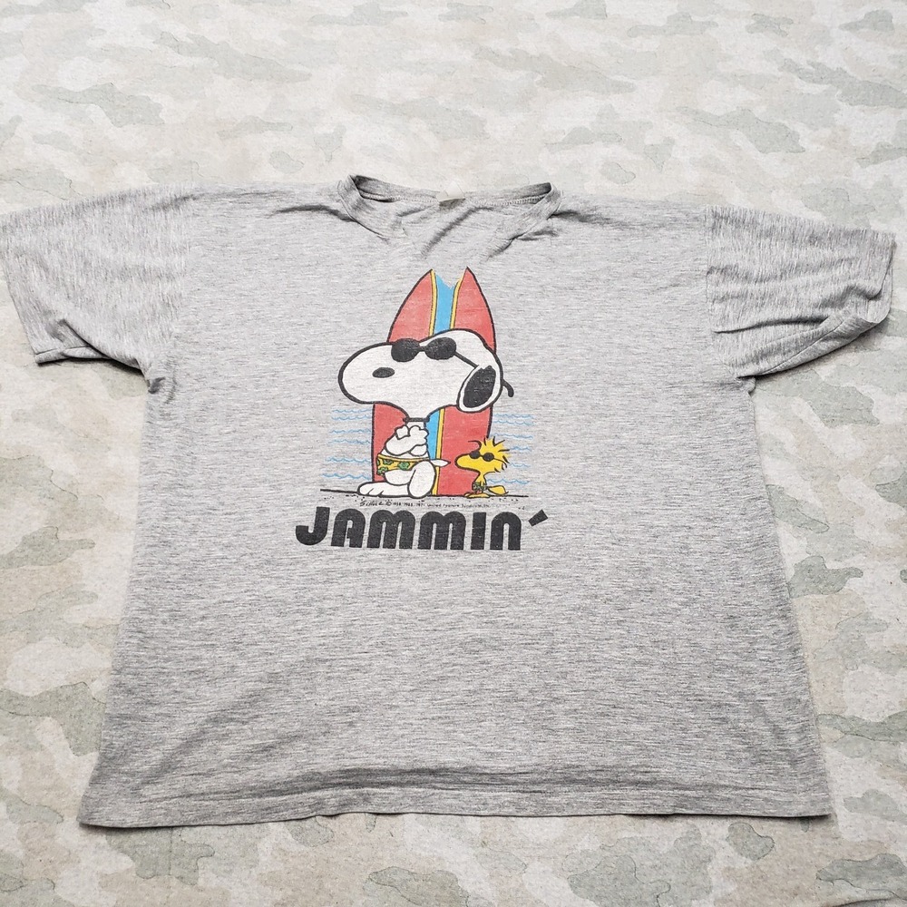 Vintage Snoopy Jammin Shirt Men Large Gray Single Stitch Short Sleeve V Neck 70s